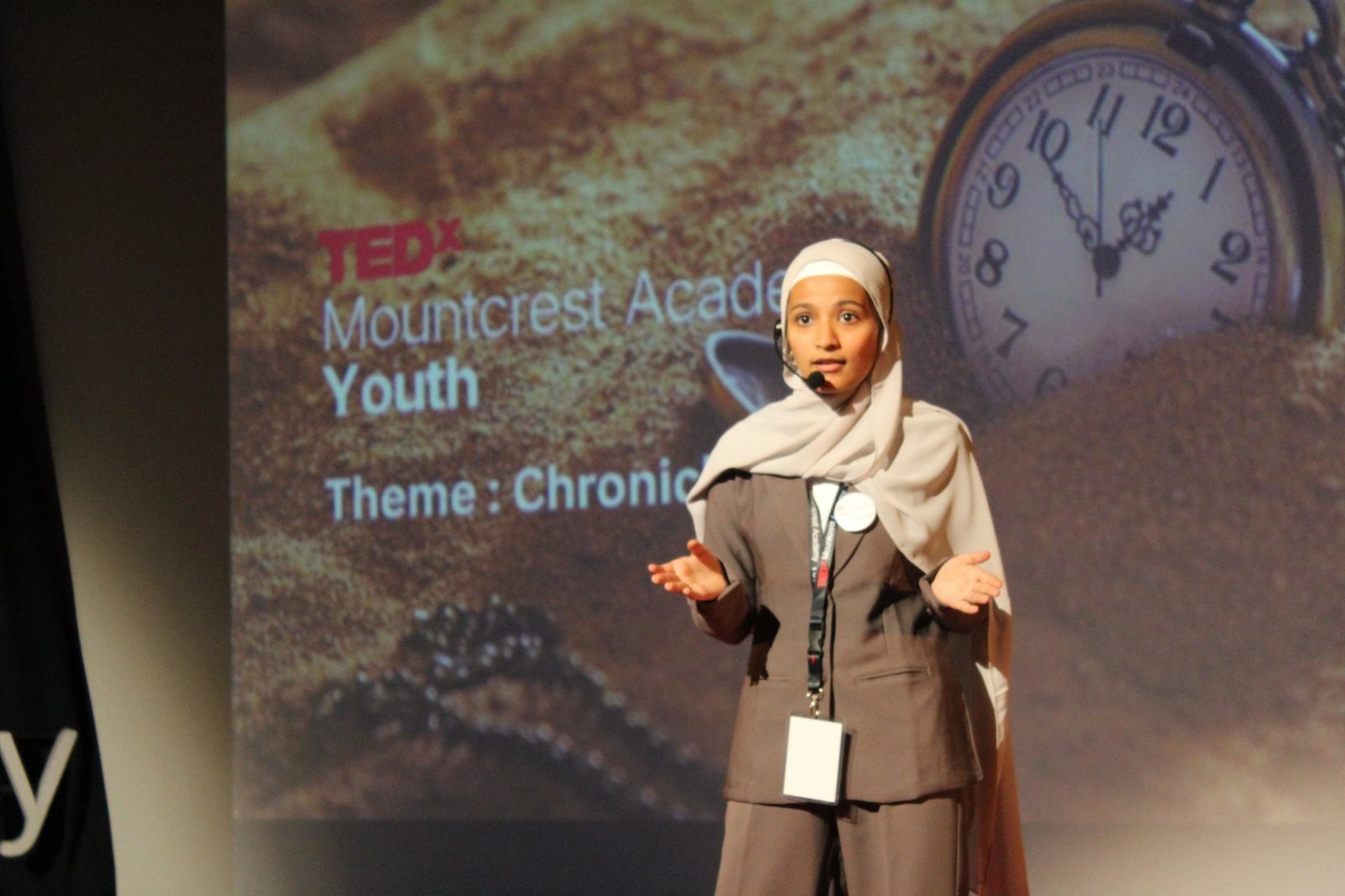 A student speaker presents her talk at TEDxMountcrest Academy